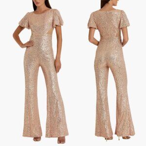 Mac Duggal Ieena Sequin Puff Shoulder Cut Out Jumpsuit NWT in Pink Champagne 10